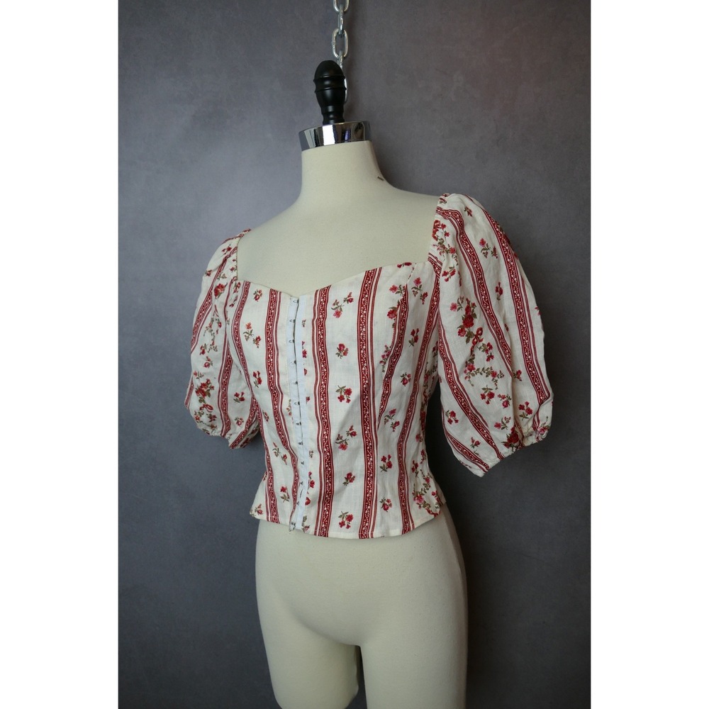 Reformation Romi Striped Floral Corset Puff Sleeve Square Neck Hook and Eye SZ 6